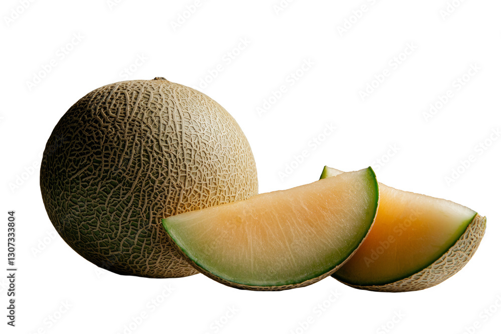 Poster isolated on a white background, a fresh slice of honeydew or melon fruit comes with a clipping path