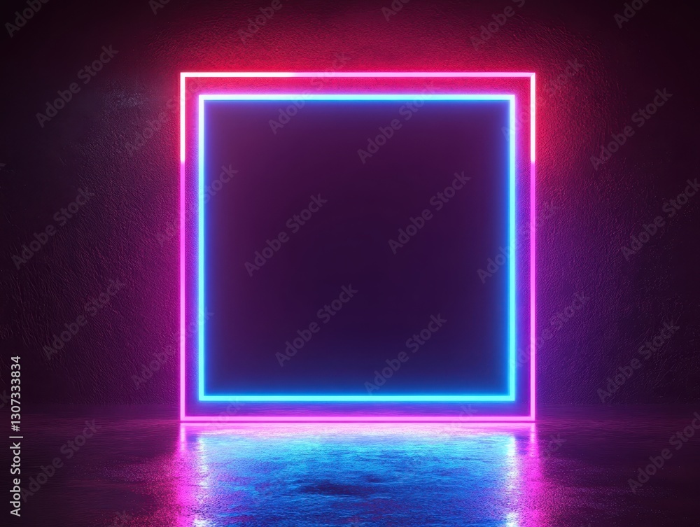 Poster vibrant neon framework with glowing square shape, futuristic light effects, and dark background idea