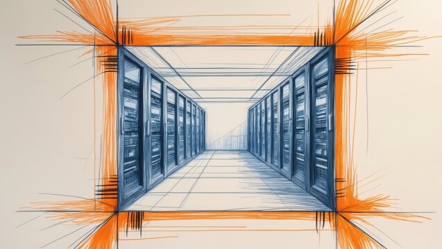 Data Center Hallway Pencil Sketch. Blue servers line white walls, with orange border around drawing style.