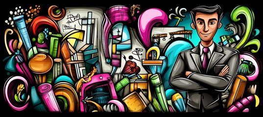 Obraz premium Colorful Doodle Illustration of a Confident Businessman Surrounded by Diverse Creative Elements.