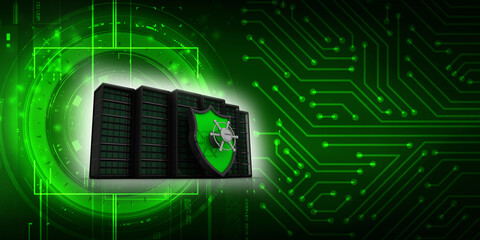 3d illustration Data center server protection shield key
