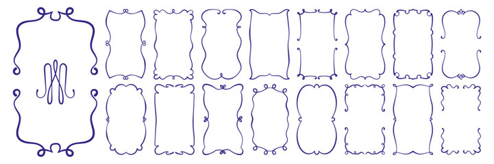 hand drawn outline frame set. rectangular, oval shape vintage borders with curl, loop, wave, bow