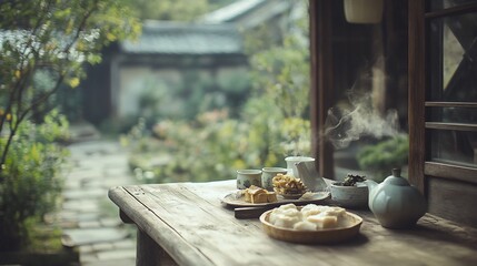 Steaming tea and pastries on rustic wooden table, serene garden background.
