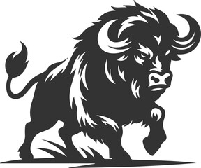 Angry buffalo charging forward with head lowered animal vector silhouette