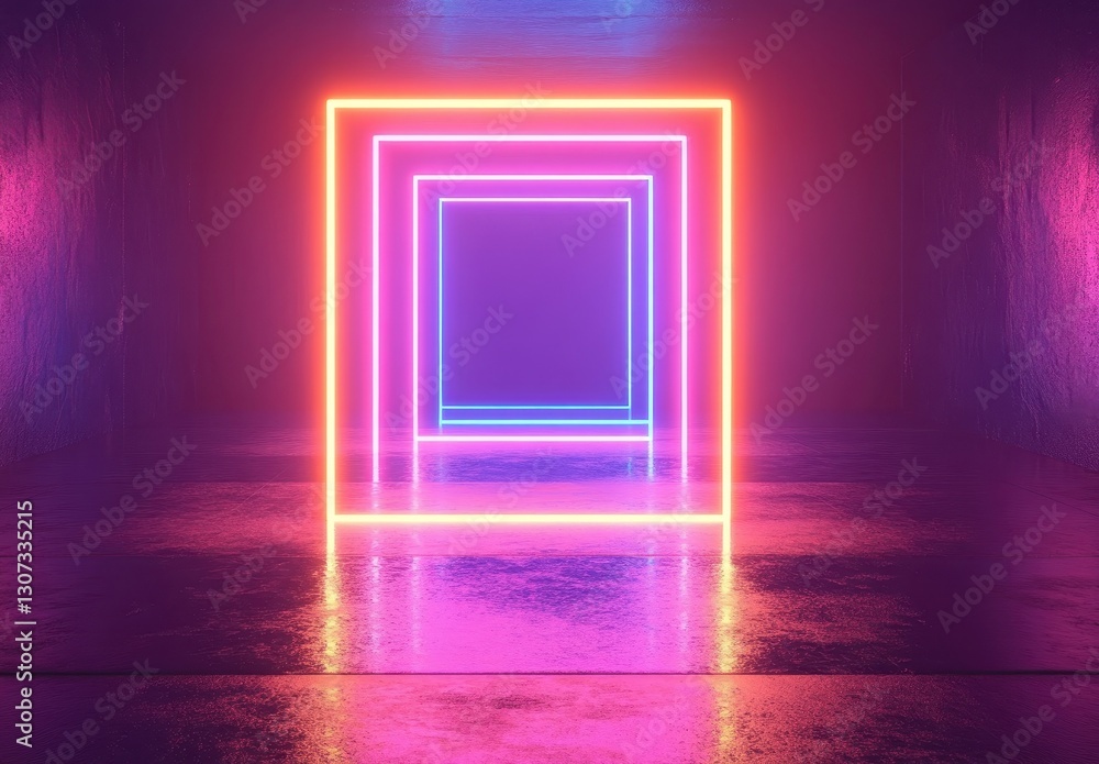 Poster vibrant neon light squares reflecting on wet floor in an abstract futuristic background with soft gl