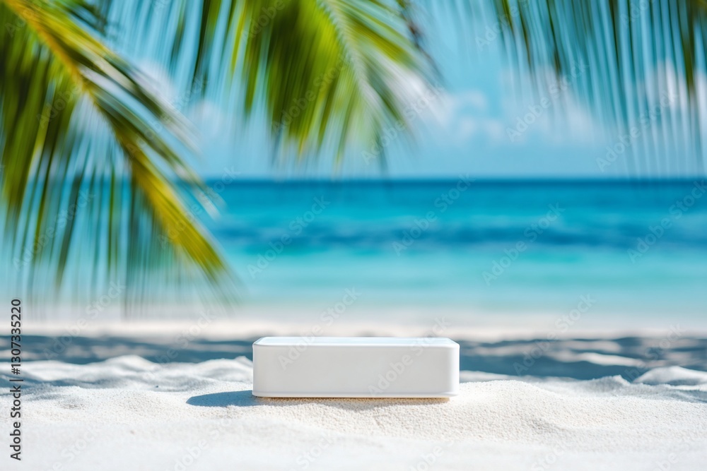 Poster white rectangular product display on a tropical beach with palm trees and ocean in background.