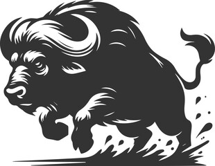 Angry buffalo charging forward with head lowered animal vector silhouette