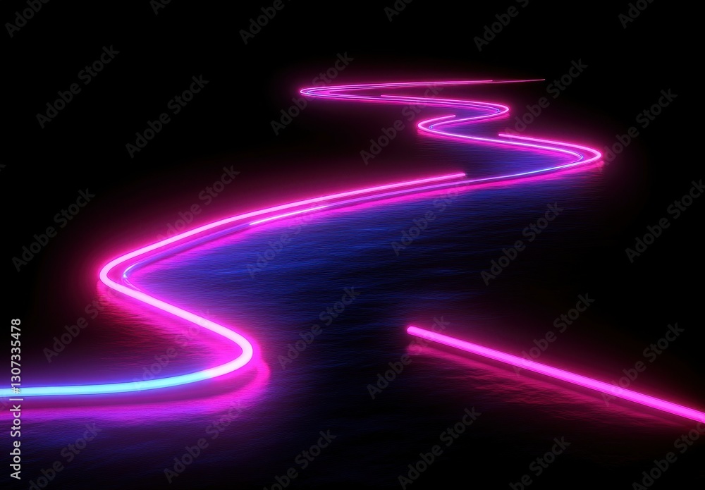Poster vibrant neon light trails illuminating a dark surface in a winding pattern with reflections creating