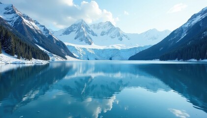 Frozen glacial lake, sharp mountain reflections , tranquil, frozen lake, beautiful
