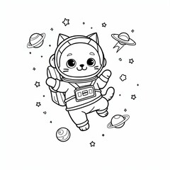 Playful Astronaut Cat with Planets – Kids’ Coloring Art