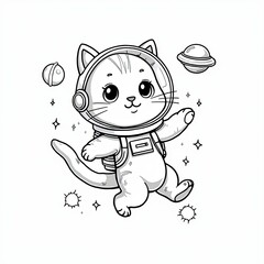 Cartoon Space Cat with Stars and UFO – Easy Coloring Page