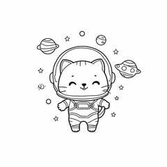 Adorable Space Kitten in Zero Gravity – Line Art for Kids