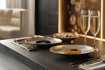 Elegant dinner setting with caviar, champagne flutes, and gold cutlery on a dark wooden table.