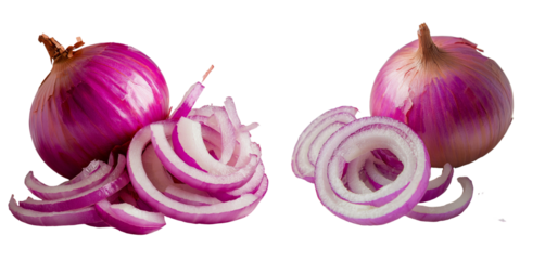 An isolated onion bulb, sliced into two halves, is set against white
