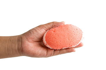 Delicious dessert. Pink bread on a white background. Confectionery products.
