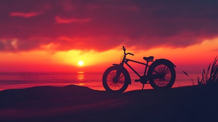 Fototapeta premium A silhouette bicycle is positioned against a sunset ocean view