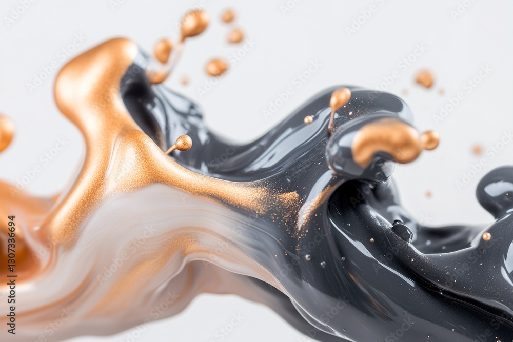 Poster dynamic splashes of metallic ink create an eye-catching display, reflecting light with a smooth, glo