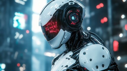 Fototapeta premium Futuristic Robot in Cyberpunk City at Night