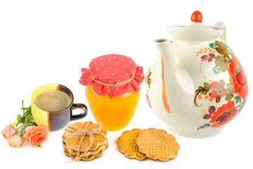 Porcelain teapot, honey, milk tea and cookies isolated on white background. Collage.