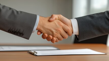 Obraz premium Business Deal Closing Handshake in Office Environment Professional Collaboration Corporate Setting Close-up Perspective