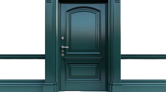 Green Door Stands Tall, Isolated on White Background