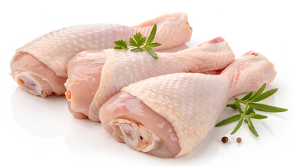 Fresh raw chicken legs with a light pink hue, isolated on a white background, ideal for healthy cooking.