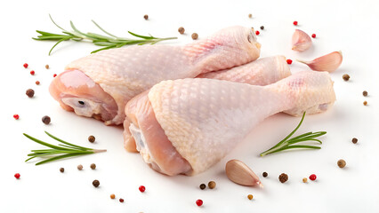 Fresh raw chicken legs with a light pink hue, isolated on a white background, ideal for healthy cooking.