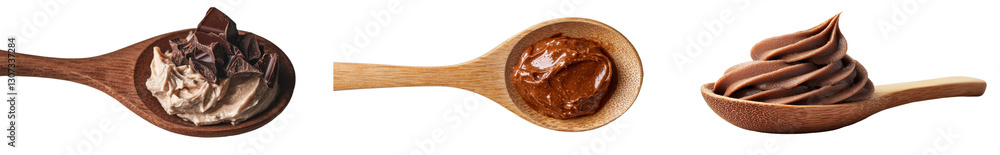 Poster the image features chocolate cream spread using a wooden spoon, isolated on a white background