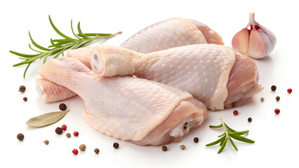 Fresh raw chicken legs with a light pink hue, isolated on a white background, ideal for healthy cooking.