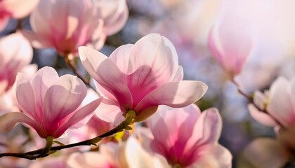 Fototapeta premium beautiful fresh magnolia flowers in full bloom close up blossoming trees in spring natural floral background