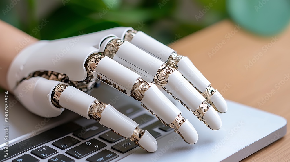 Poster robotic hand using laptop keyboard close up of white and gold artificial limb interacting with techn
