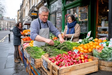 Independencia financiera en un bullicioso mercado en una mañana fresca de primavera
