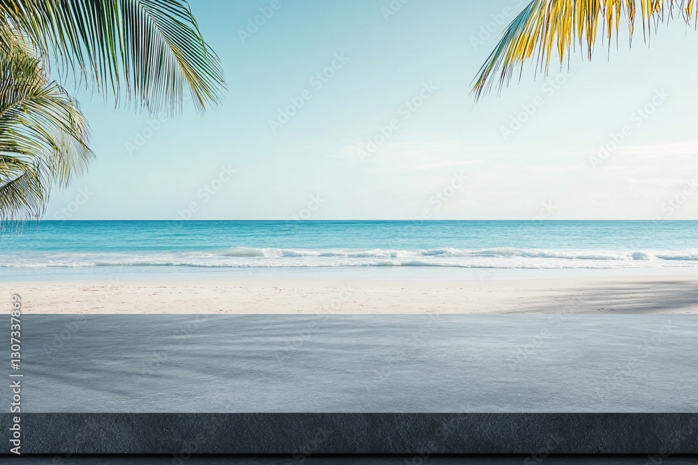 Poster empty stone table overlooking a tropical beach scene with palm trees and ocean waves.
