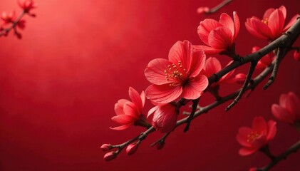 Fototapeta premium Intense red blossoms against a matching red canvas , nature, painting