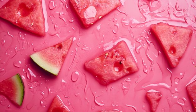 Slices of juicy watermelon arranged on a pink background, creating a colorful and refreshing summer scene