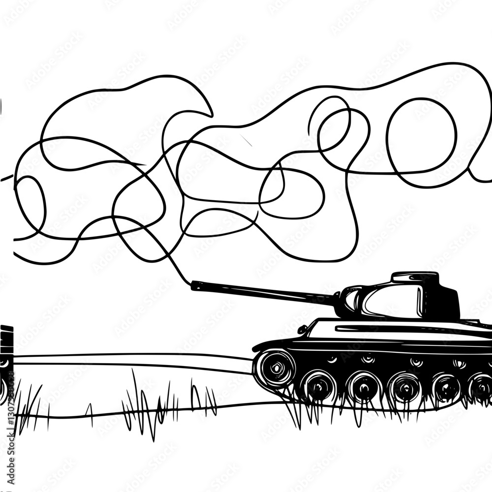 Poster linear simple vector contour drawing of a tank with smoke from a cannon standing in the grass, made 