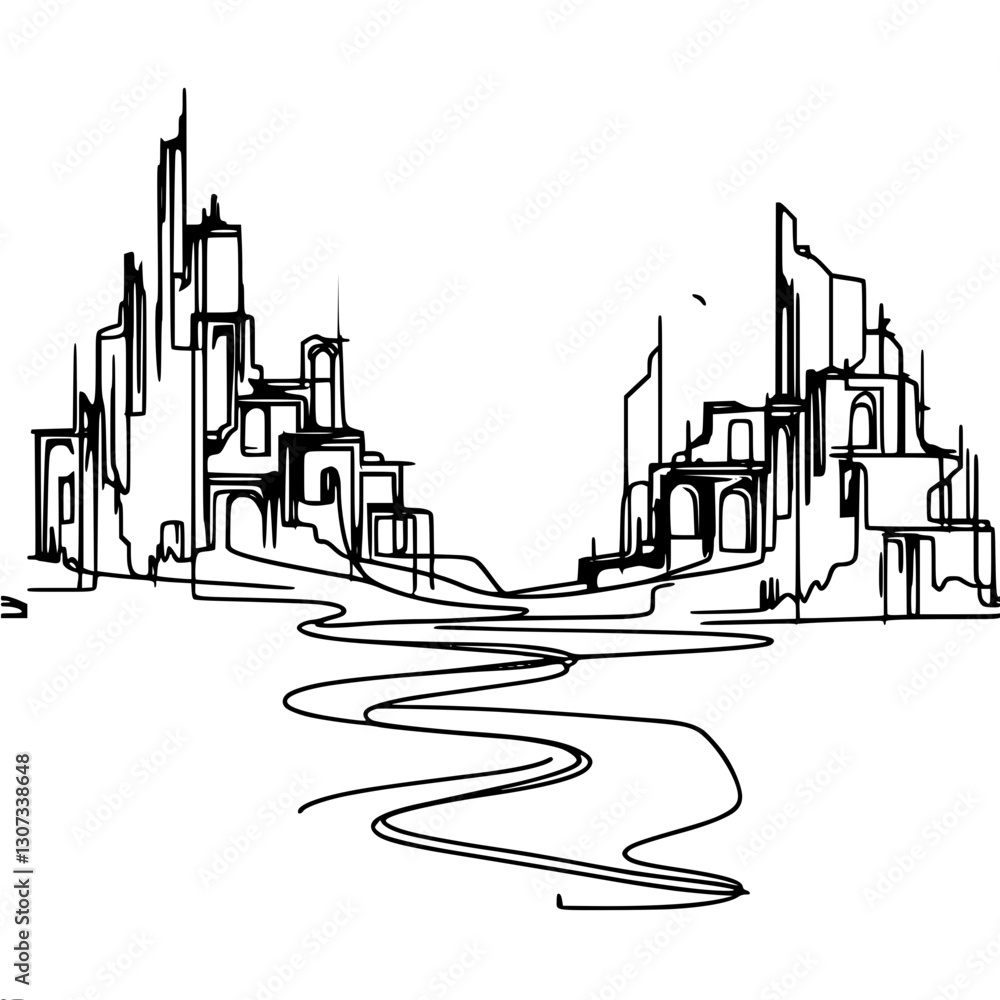 Poster abstract black and white image of a destroyed city and a path into it, creating an atmosphere of war