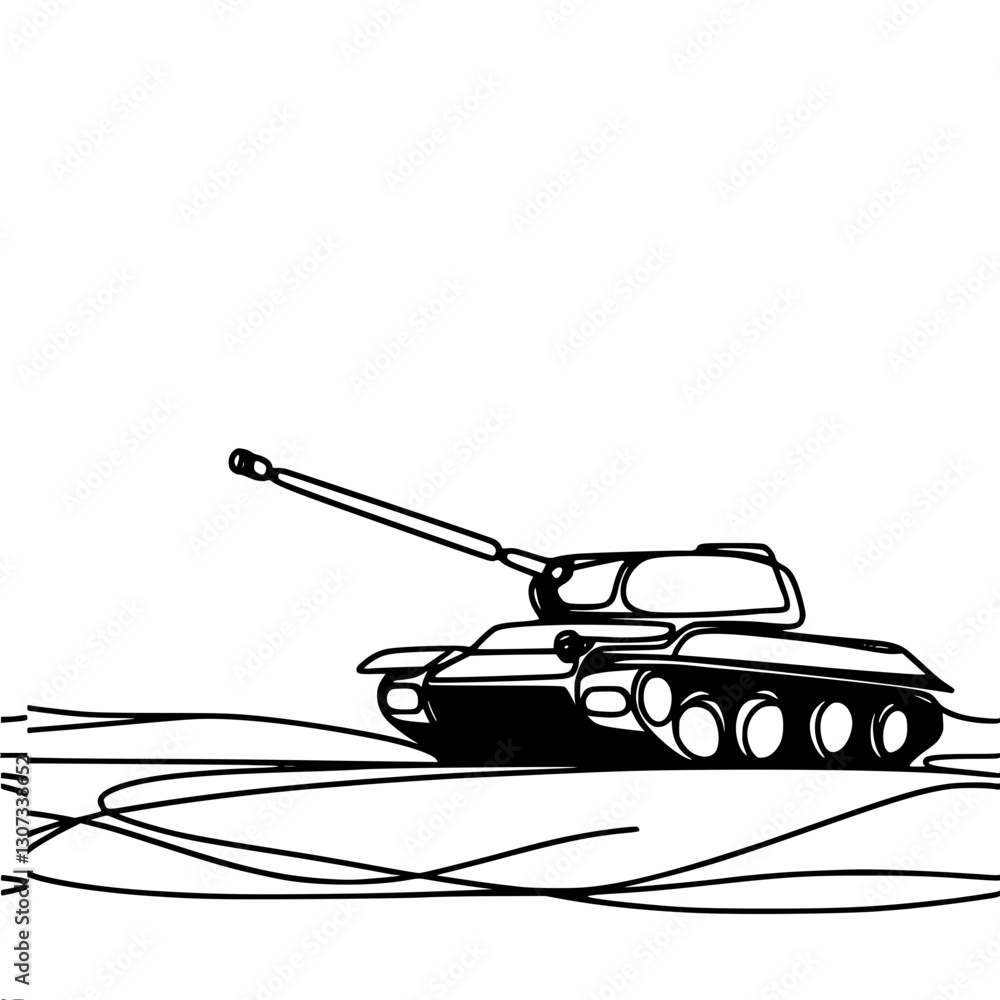 Poster linear simple vector outline drawing of a tank with a long gun standing on a hilly terrain, done in 