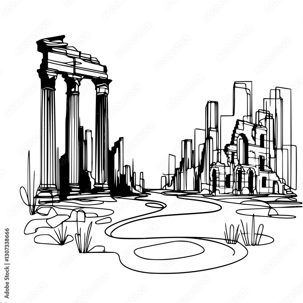 Poster abstract black and white image of a destroyed city with silhouettes of buildings and columns, creati
