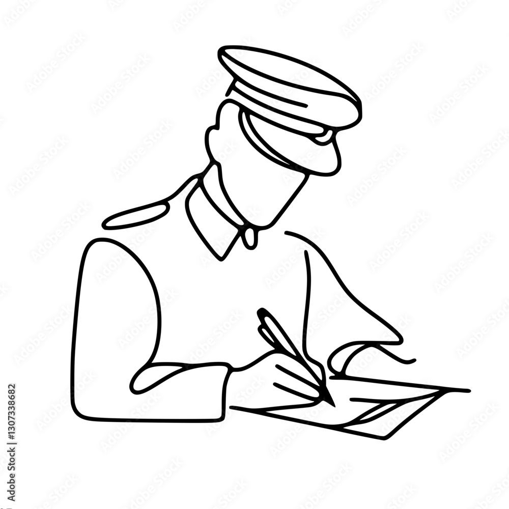 Poster minimalistic linear contour vector drawing of a military man in uniform with a cap writing on paper.