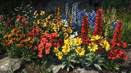Colorful wildflowers in garden, sunny day.  Website banner