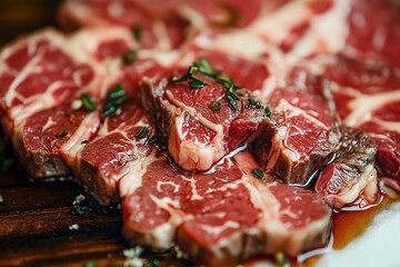 Raw beef steak. Barbecue ribeye sirloin meat slices with seasoning, beefsteak fillet with fresh herbs, delicious juicy uncooked entrecote for gourmet dinner