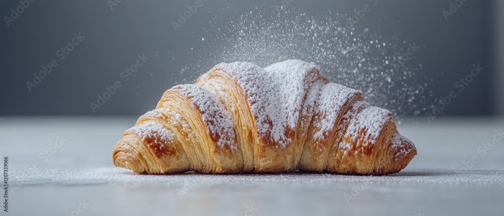 Poster flaky golden croissant topped with powdered sugar on rustic surface in soft focus with gentle light 