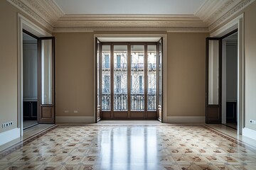 Elegant empty room with large windows, ornate floors, and high ceilings.