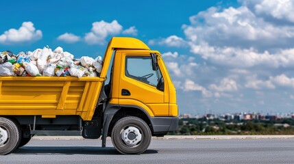 Fake Recycle Concept, Yellow Truck Transporting Waste on Urban Road with Blue Sky and Clouds in Background