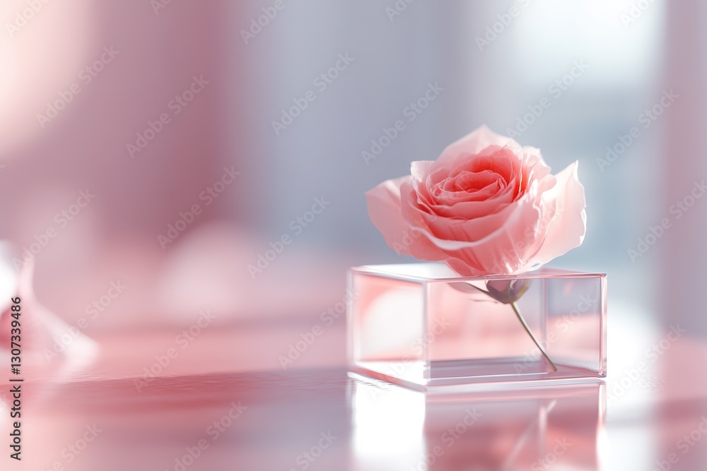 Poster a single delicate red rose is encased in a levitating transparent cube, surrounded by a soft-focus a