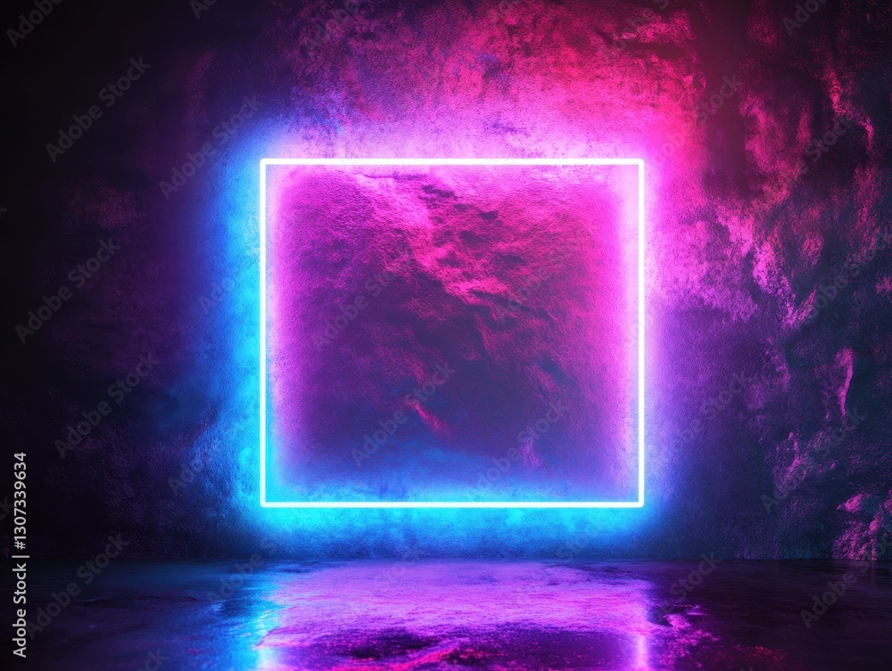 Poster vibrant neon square frame with glowing edges on a dark textured wall for futuristic design concepts 