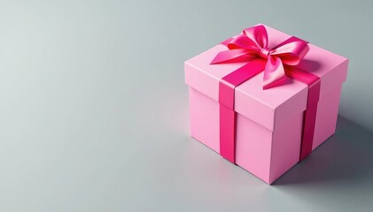 Obraz premium Large pink present box on a gray background with stripes, bold gift box, gift box