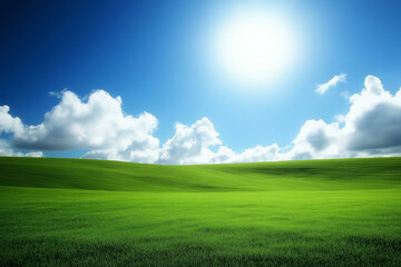 Fototapeta premium Green field background. Countryside landscape with grassland and hills against blue sky, farm and agriculture concept, nature wallpaper