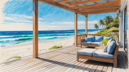 Obraz premium Colored pencil drawing of ocean view from wooden porch. Blue waves crash on sandy beach under bright sky. Palm trees grow near porch with couch and plant.